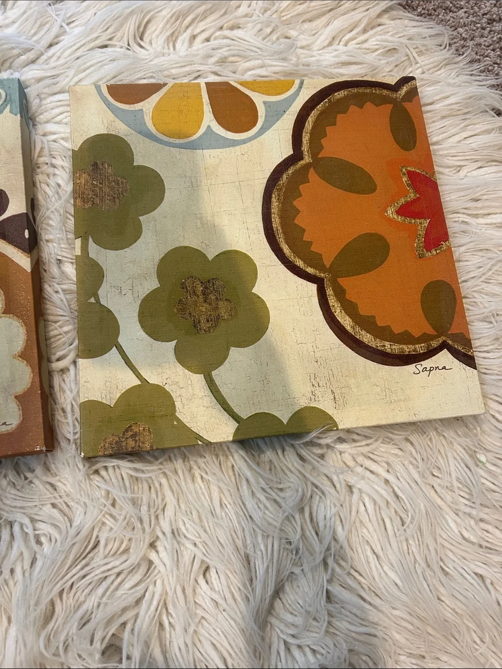 Set of 2 Floral Abstract Canvas Prints in Cream, Green & Orange
